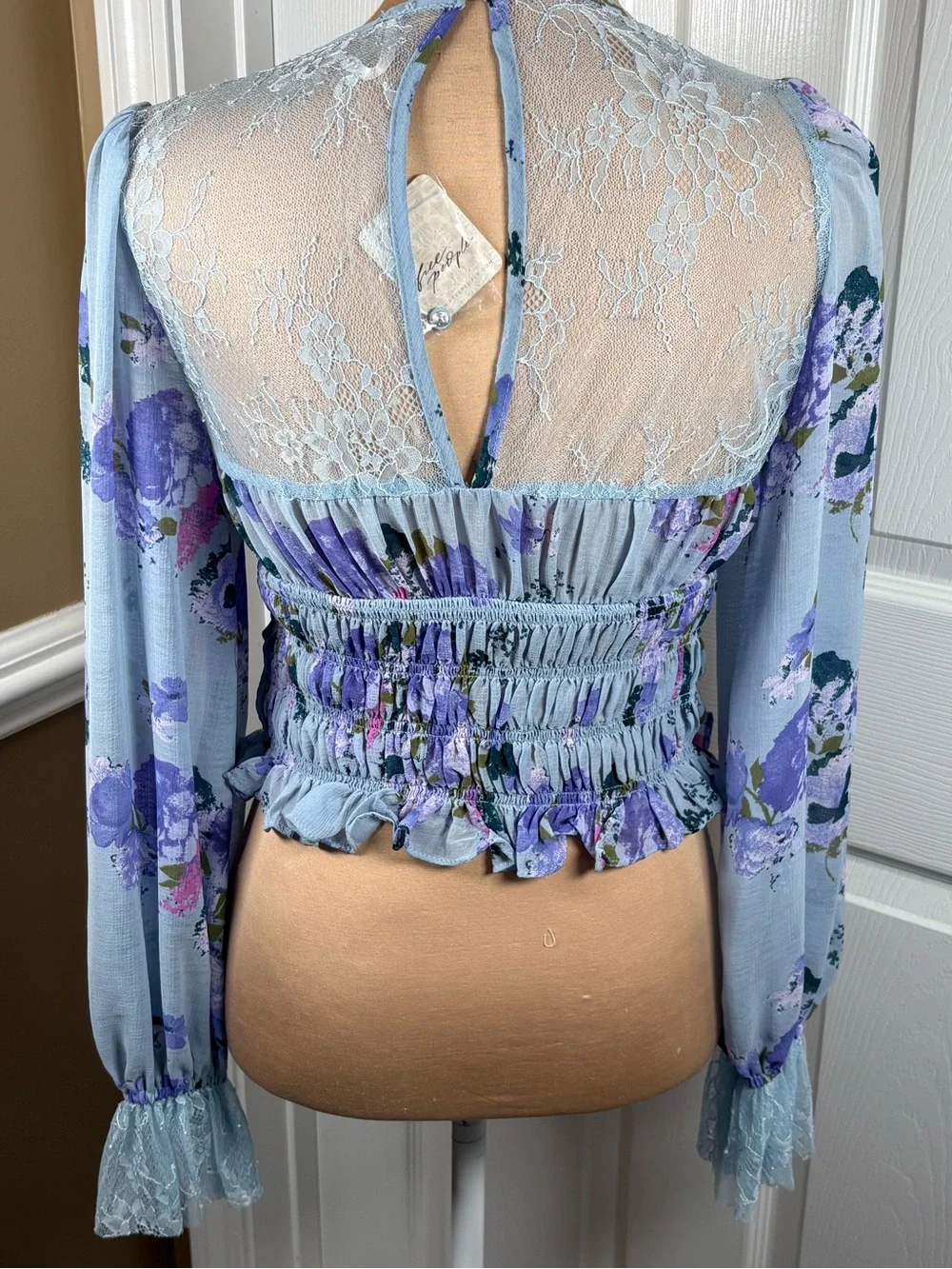 Free People Daphne Blouse in Silver Blue Combo Floral Lace Small NWT